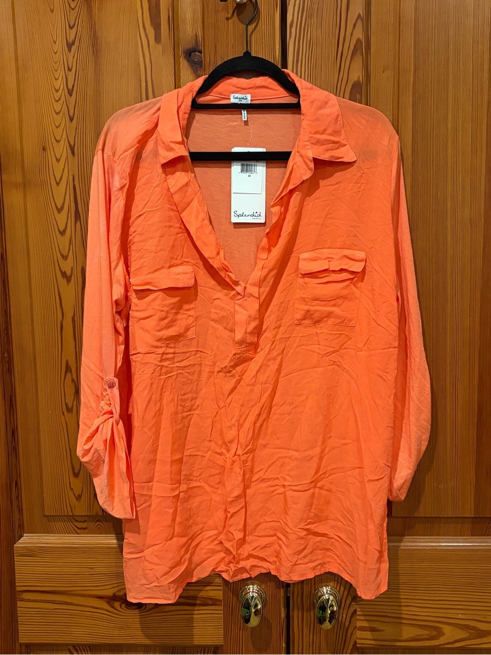 Splendid Coral-Orange V-Neck Utility Tunic